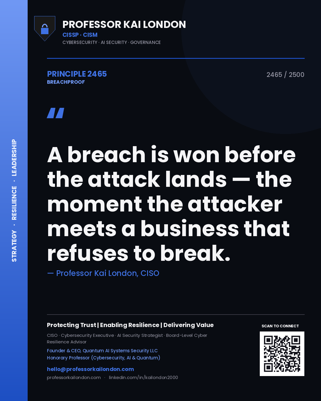 Quote card by Professor Kai London reading 'A breach is won before the attack lands — the moment the attacker meets a business that refuses to break.'. From the book Breachproof.