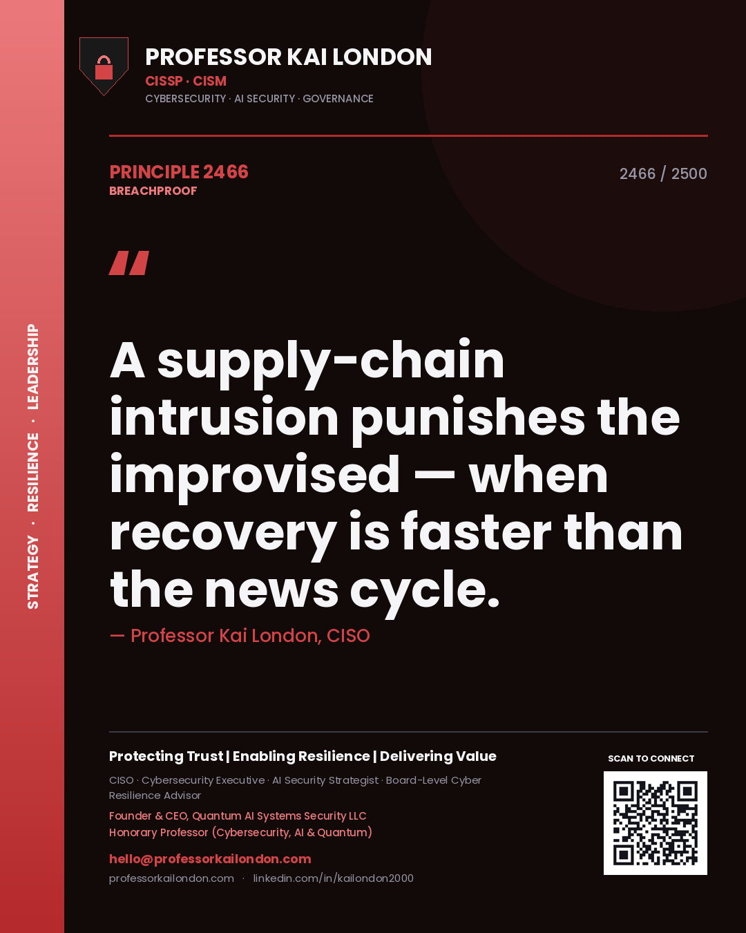 Quote card by Professor Kai London reading 'A supply-chain intrusion punishes the improvised — when recovery is faster than the news cycle.'. From the book Breachproof.