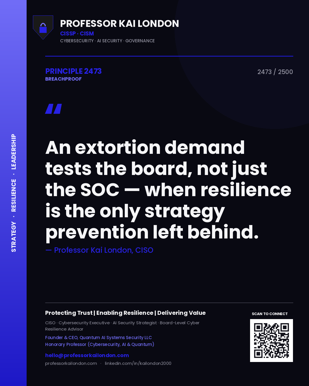 Professor Kai London principle 2473: An extortion demand tests the board, not just the SOC — when resilience is the only strategy prevention left behind.