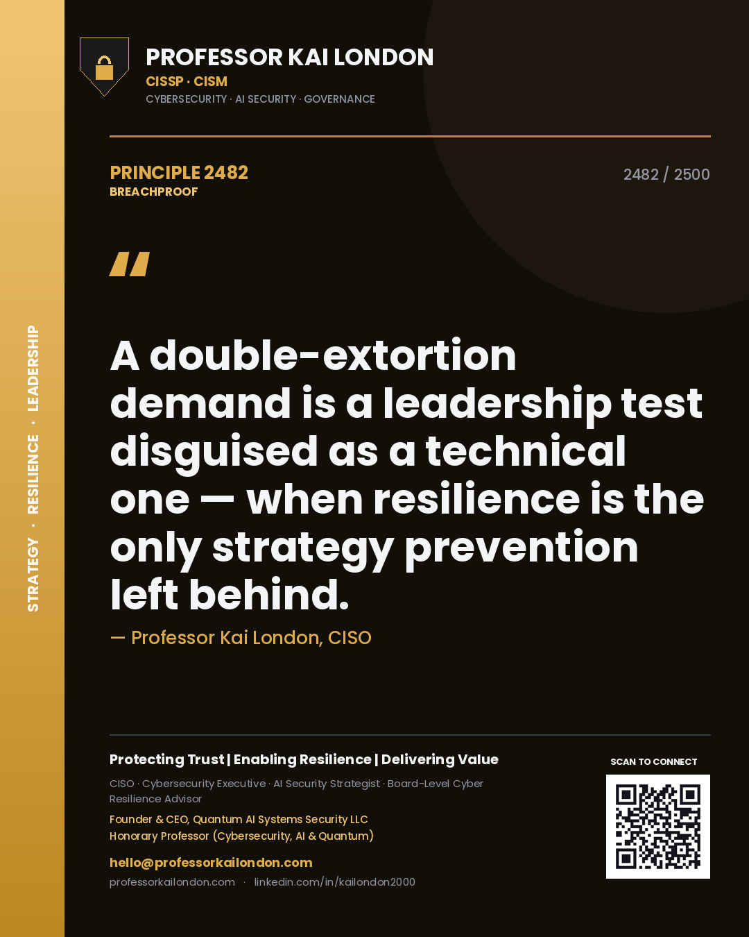 Quote card by Professor Kai London reading 'A double-extortion demand is a leadership test disguised as a technical one — when resilience is the only strategy prevention left behind.'. From the book Breachproof.