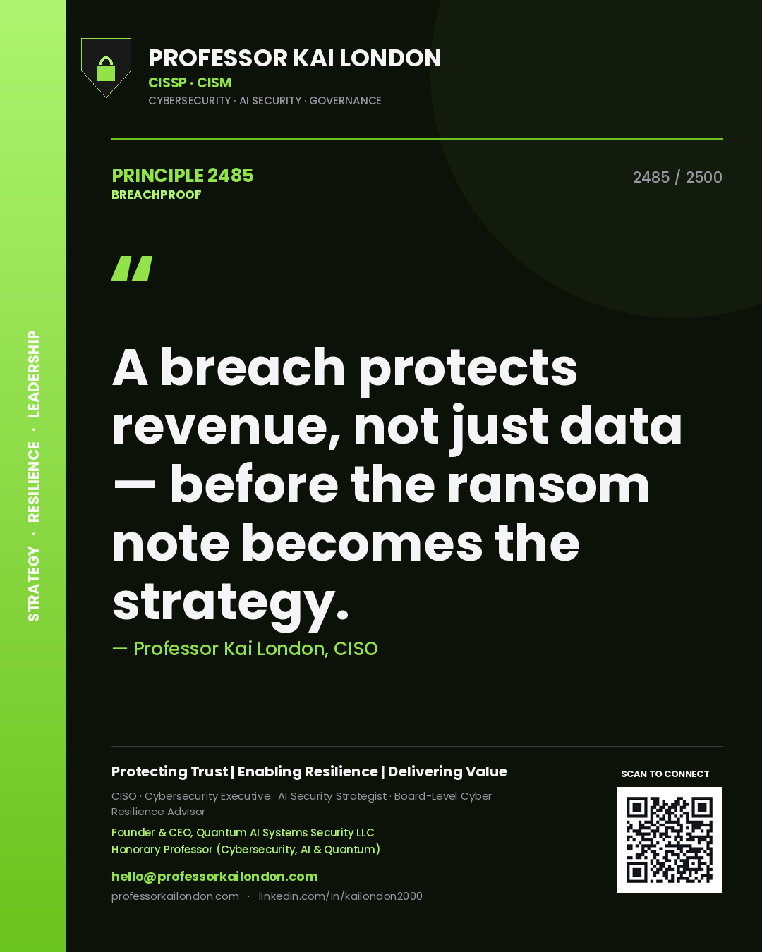 Quote card by Professor Kai London reading 'A breach protects revenue, not just data — before the ransom note becomes the strategy.'. From the book Breachproof.