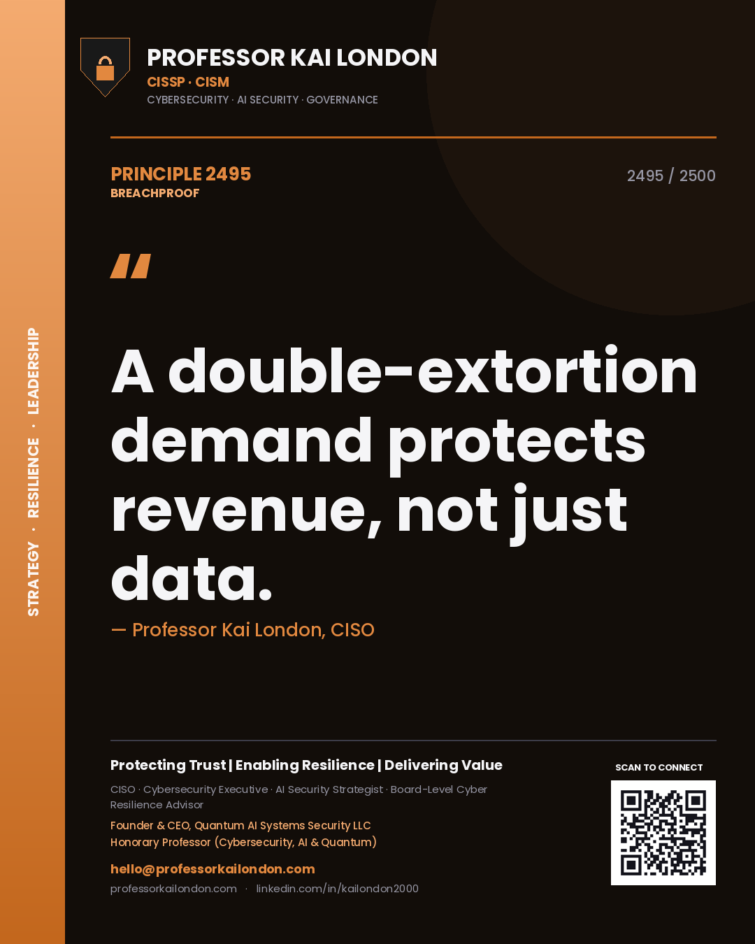 Quote card by Professor Kai London reading 'A double-extortion demand protects revenue, not just data.'. From the book Breachproof.