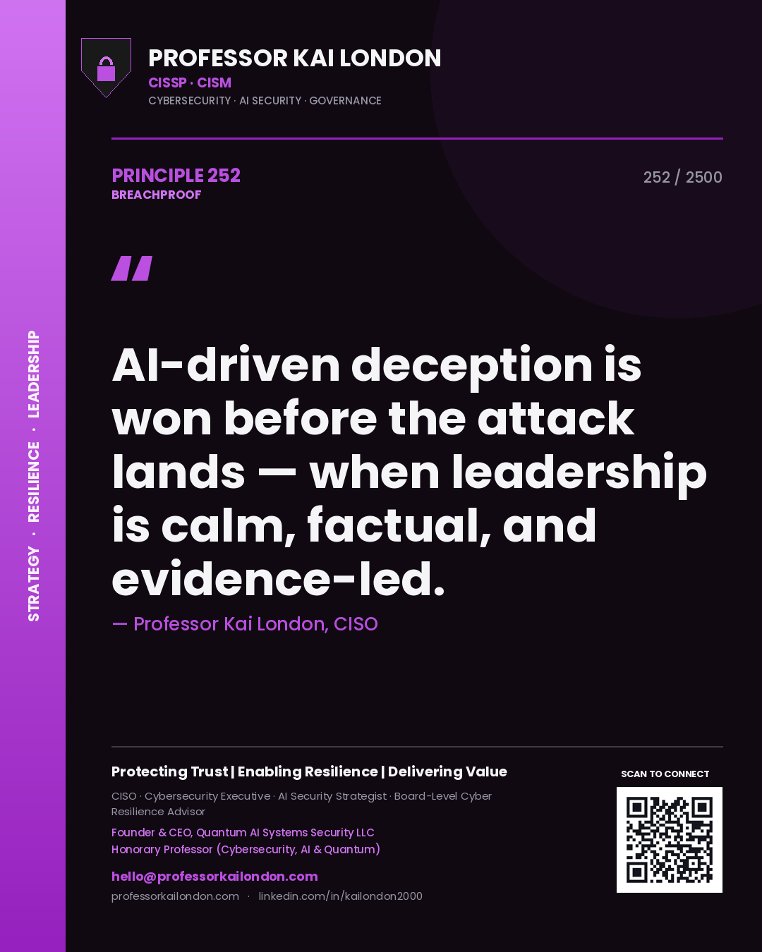 Quote card by Professor Kai London reading 'AI-driven deception is won before the attack lands — when leadership is calm, factual, and evidence-led.'. From the book Breachproof.