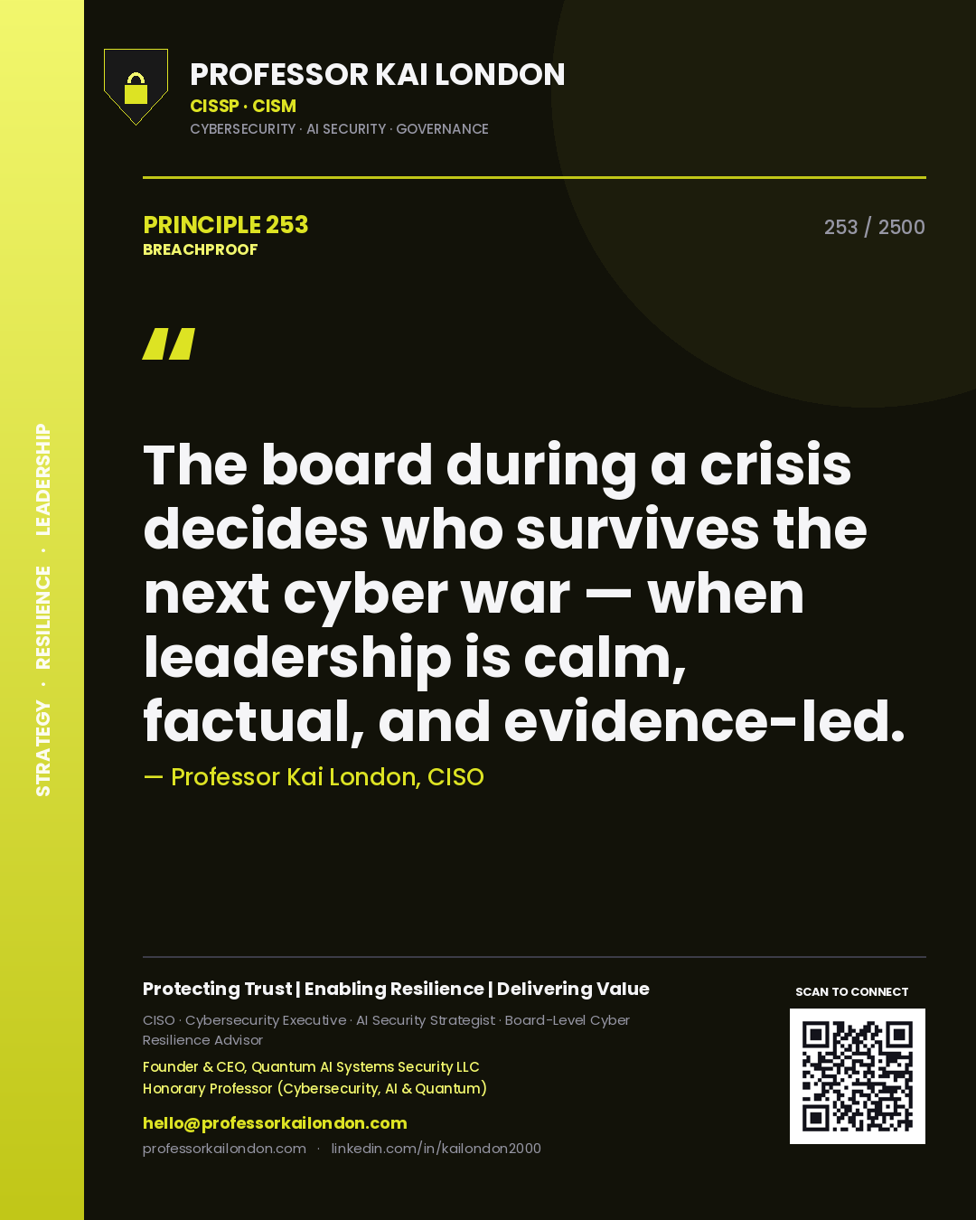 Professor Kai London principle 253: The board during a crisis decides who survives the next cyber war — when leadership is calm, factual, and evidence-led.