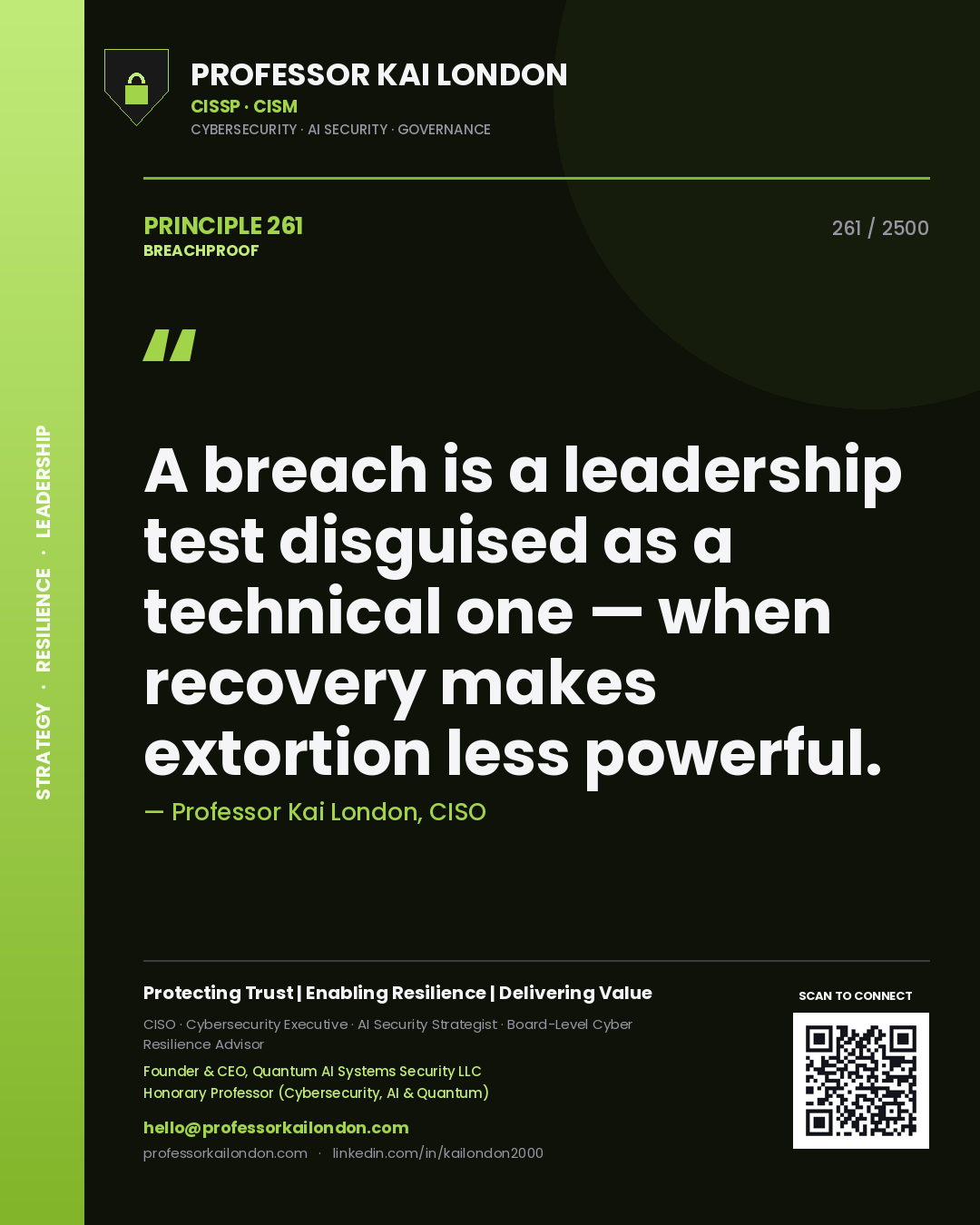 Quote card by Professor Kai London reading 'A breach is a leadership test disguised as a technical one — when recovery makes extortion less powerful.'. From the book Breachproof.