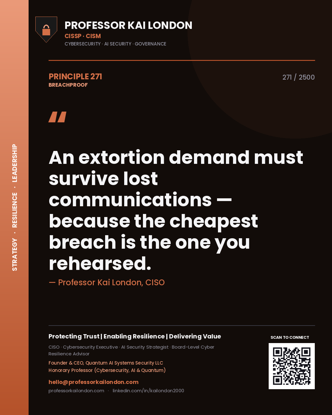 Quote card by Professor Kai London reading 'An extortion demand must survive lost communications — because the cheapest breach is the one you rehearsed.'. From the book Breachproof.