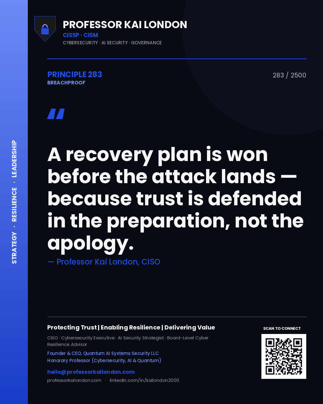 Professor Kai London principle 283: A recovery plan is won before the attack lands — because trust is defended in the preparation, not the apology.