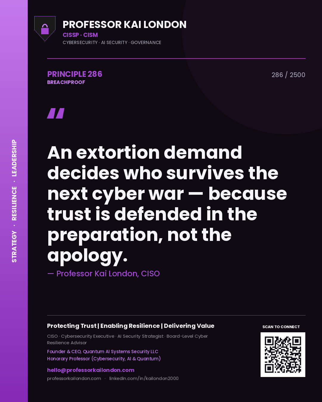 Quote card by Professor Kai London reading 'An extortion demand decides who survives the next cyber war — because trust is defended in the preparation, not the apology.'. From the book Breachproof.