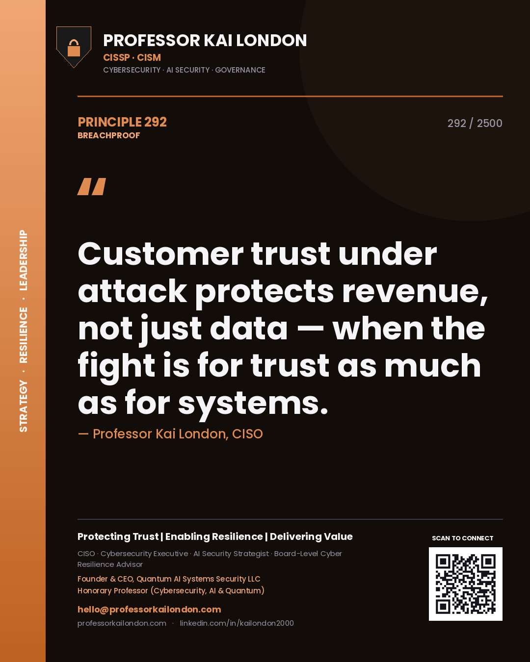 Quote card by Professor Kai London reading 'Customer trust under attack protects revenue, not just data — when the fight is for trust as much as for systems.'. From the book Breachproof.