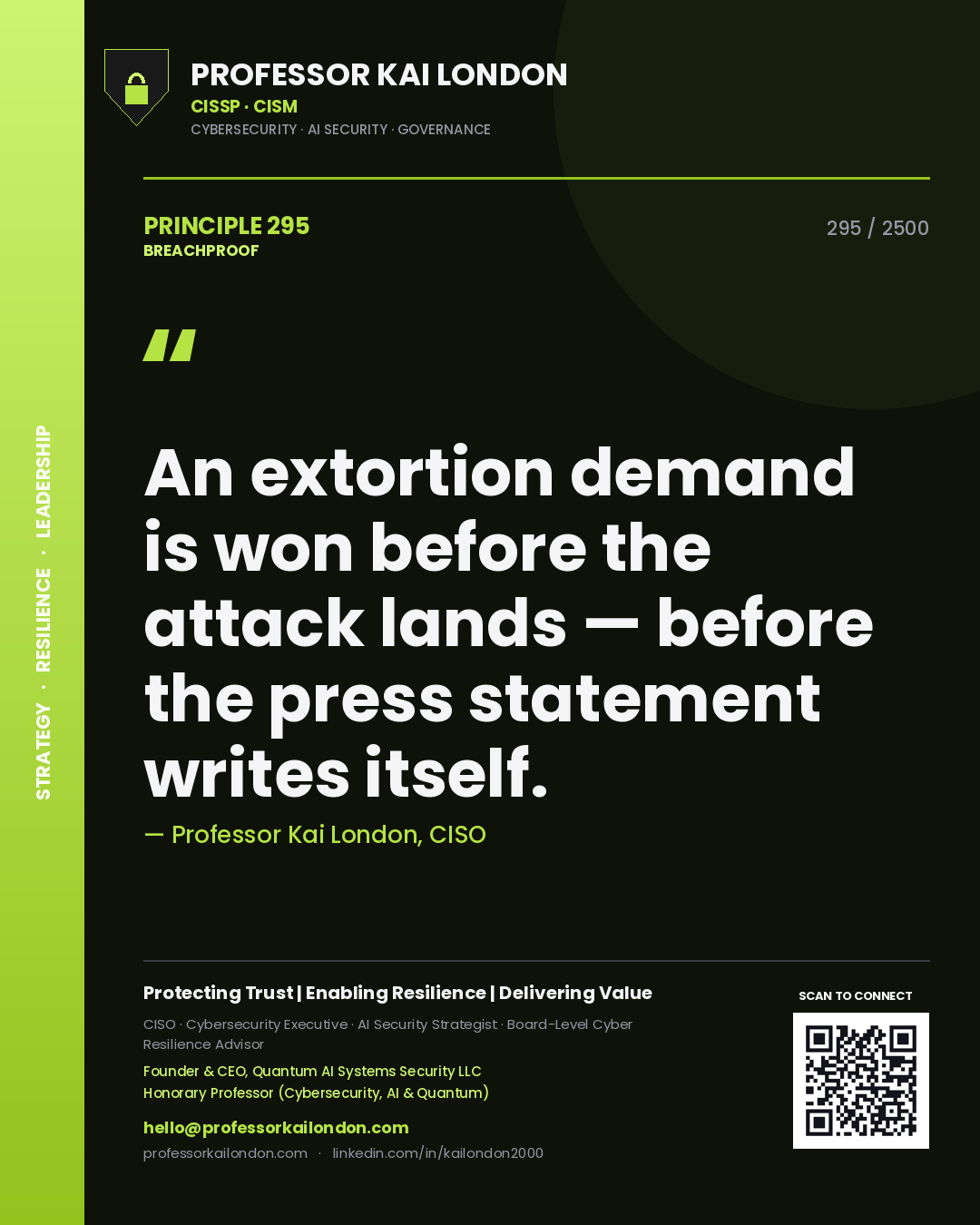 Quote card by Professor Kai London reading 'An extortion demand is won before the attack lands — before the press statement writes itself.'. From the book Breachproof.