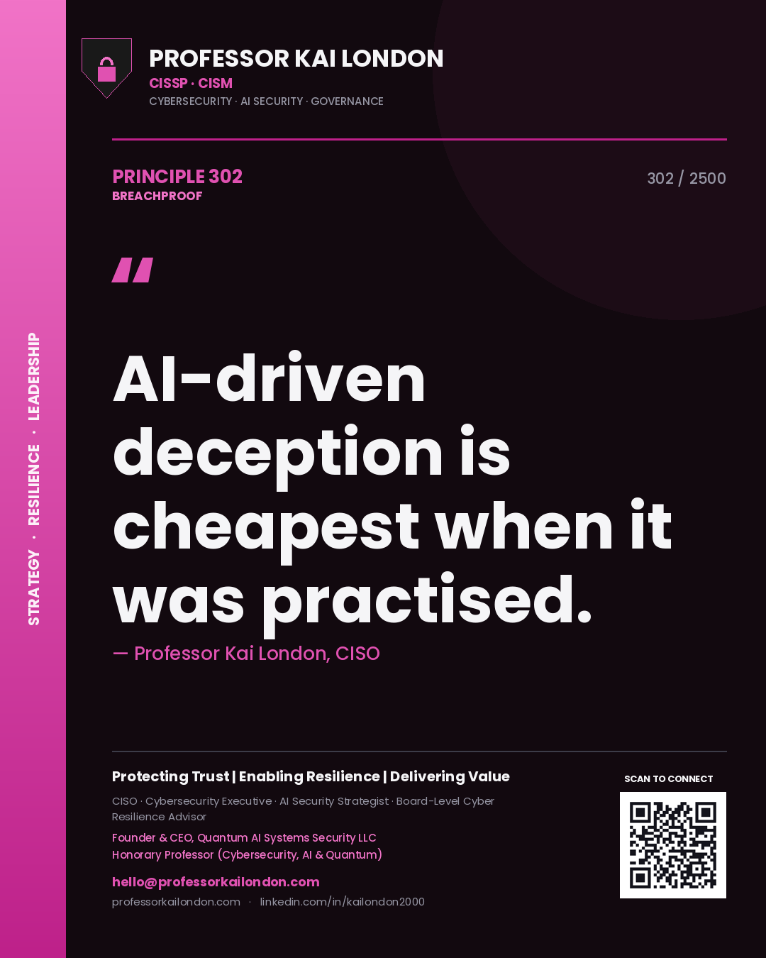 Quote card by Professor Kai London reading 'AI-driven deception is cheapest when it was practised.'. From the book Breachproof.