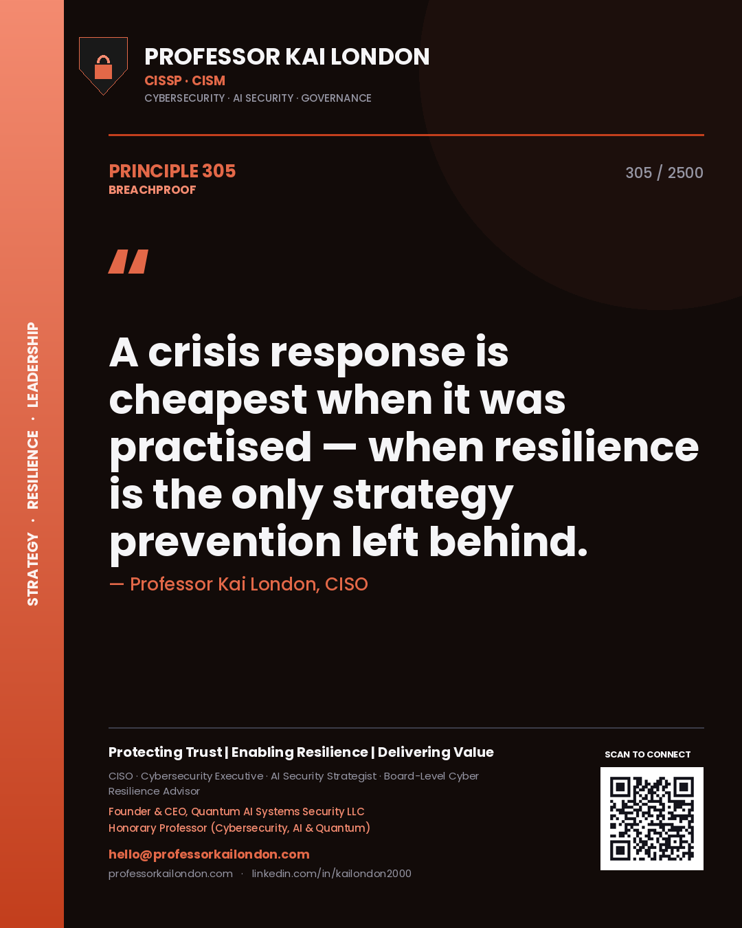 Professor Kai London principle 305: A crisis response is cheapest when it was practised — when resilience is the only strategy prevention left behind.