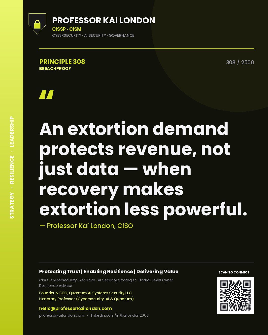 Quote card by Professor Kai London reading 'An extortion demand protects revenue, not just data — when recovery makes extortion less powerful.'. From the book Breachproof.