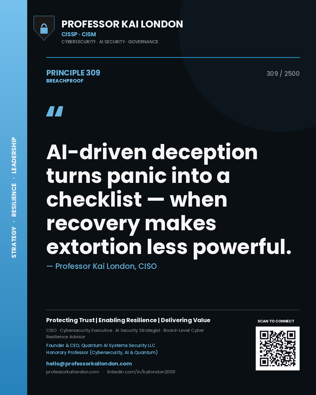 Quote card by Professor Kai London reading 'AI-driven deception turns panic into a checklist — when recovery makes extortion less powerful.'. From the book Breachproof.