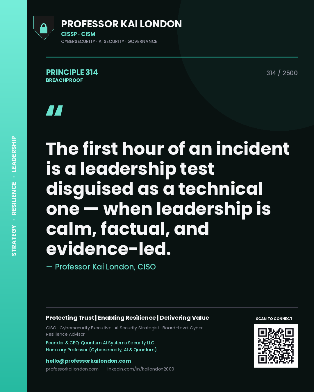 Quote card by Professor Kai London reading 'The first hour of an incident is a leadership test disguised as a technical one — when leadership is calm, factual, and evidence-led.'. From the book Breachproof.