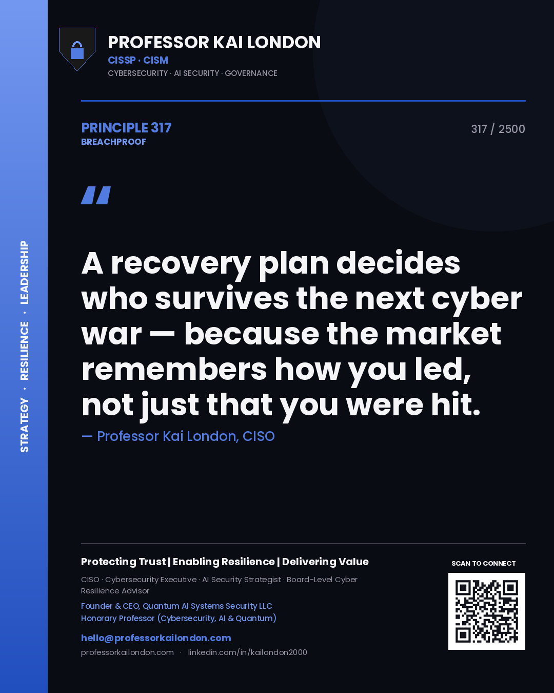 Quote card by Professor Kai London reading 'A recovery plan decides who survives the next cyber war — because the market remembers how you led, not just that you were hit.'. From the book Breachproof.