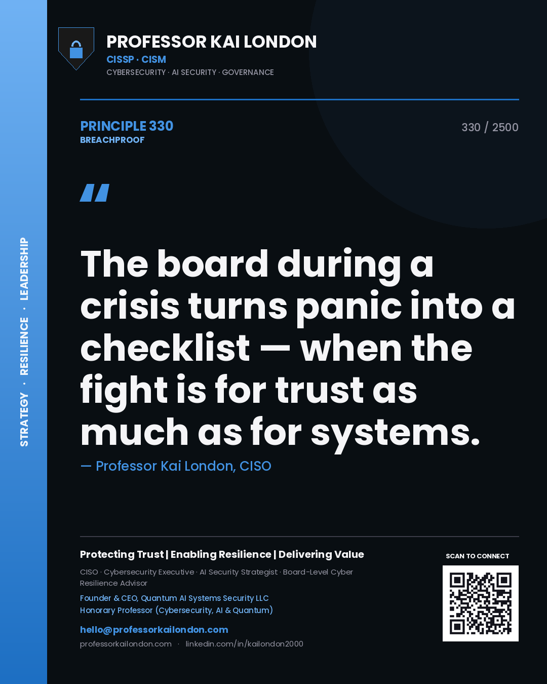Quote card by Professor Kai London reading 'The board during a crisis turns panic into a checklist — when the fight is for trust as much as for systems.'. From the book Breachproof.