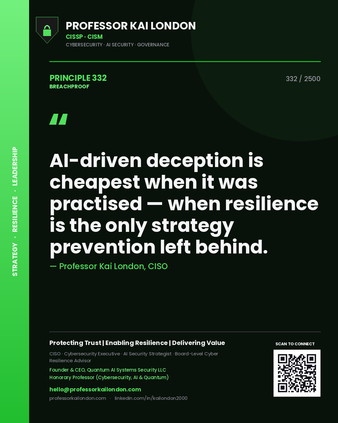 Quote card by Professor Kai London reading 'AI-driven deception is cheapest when it was practised — when resilience is the only strategy prevention left behind.'. From the book Breachproof.