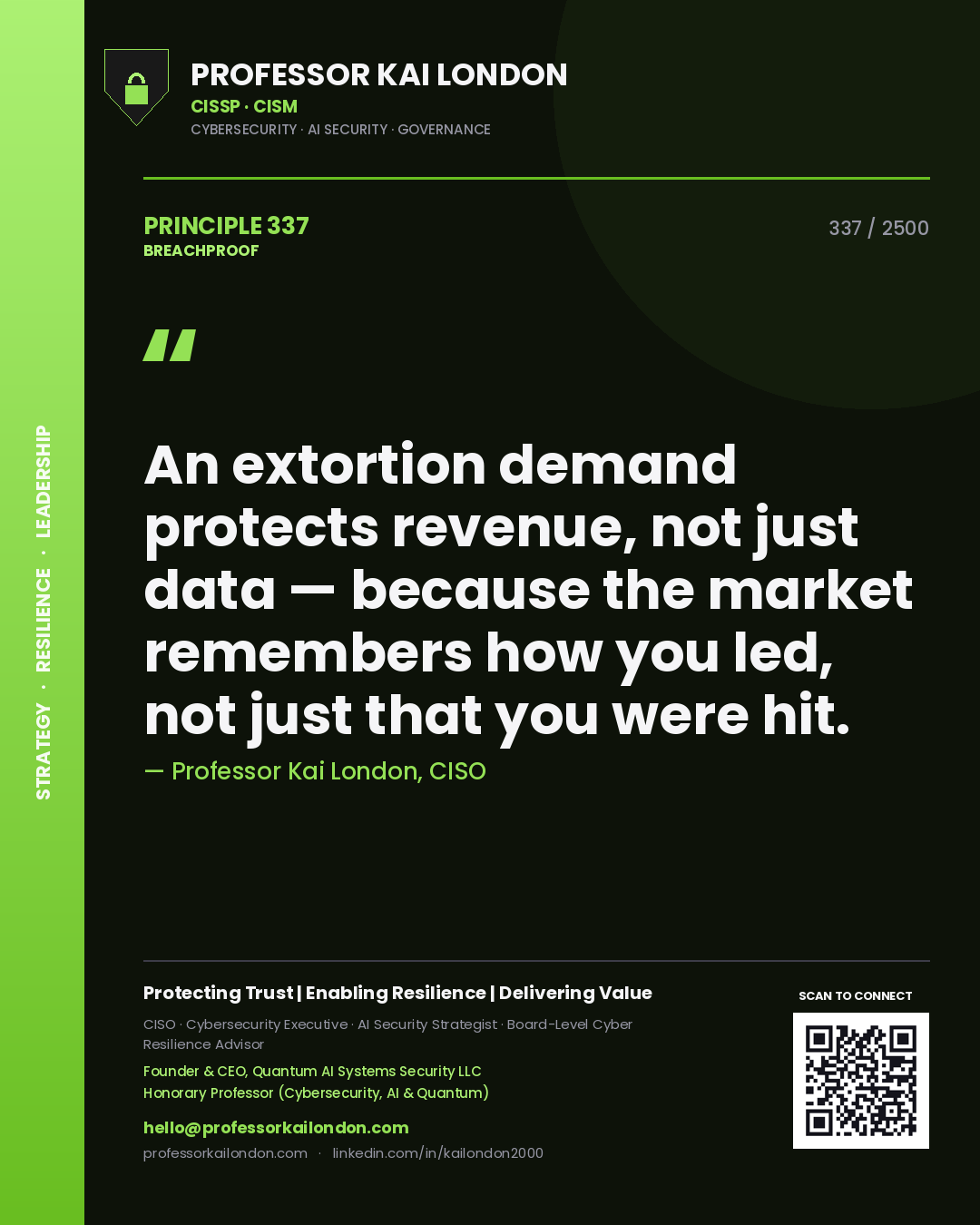 Professor Kai London principle 337: An extortion demand protects revenue, not just data — because the market remembers how you led, not just that you were hit.