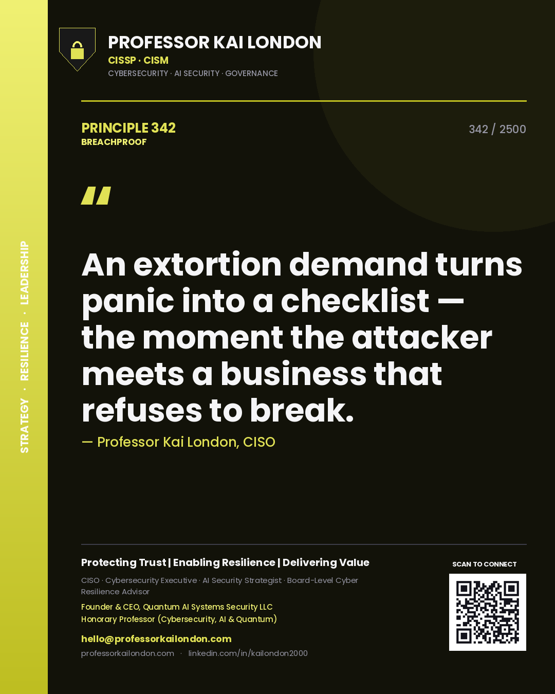 Quote card by Professor Kai London reading 'An extortion demand turns panic into a checklist — the moment the attacker meets a business that refuses to break.'. From the book Breachproof.