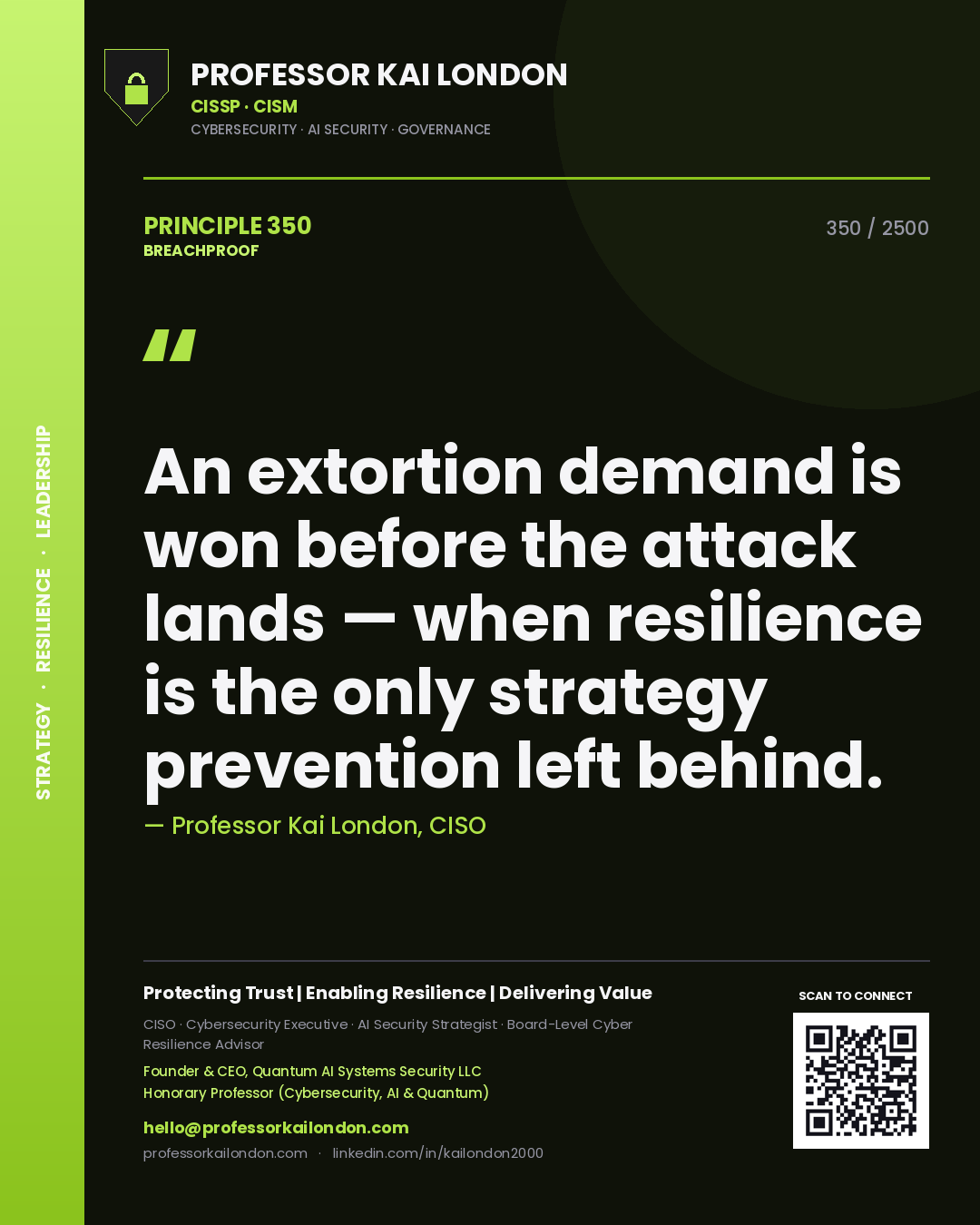Quote card by Professor Kai London reading 'An extortion demand is won before the attack lands — when resilience is the only strategy prevention left behind.'. From the book Breachproof.
