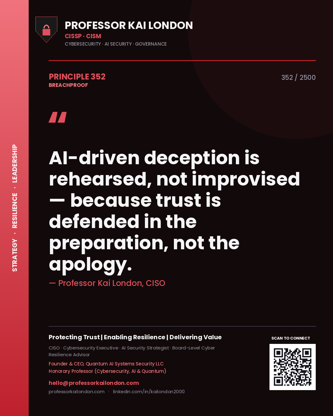 Quote card by Professor Kai London reading 'AI-driven deception is rehearsed, not improvised — because trust is defended in the preparation, not the apology.'. From the book Breachproof.