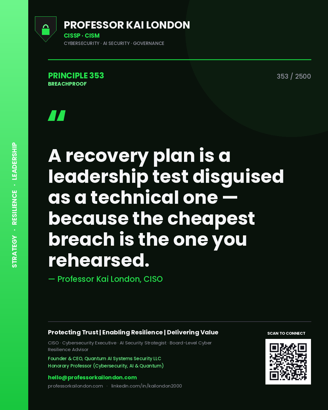 Quote card by Professor Kai London reading 'A recovery plan is a leadership test disguised as a technical one — because the cheapest breach is the one you rehearsed.'. From the book Breachproof.