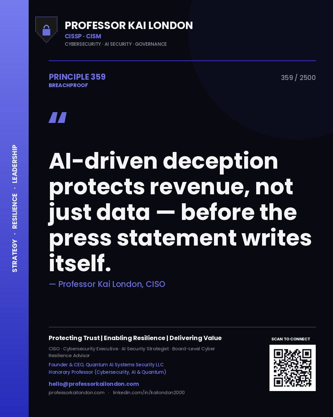 Quote card by Professor Kai London reading 'AI-driven deception protects revenue, not just data — before the press statement writes itself.'. From the book Breachproof.