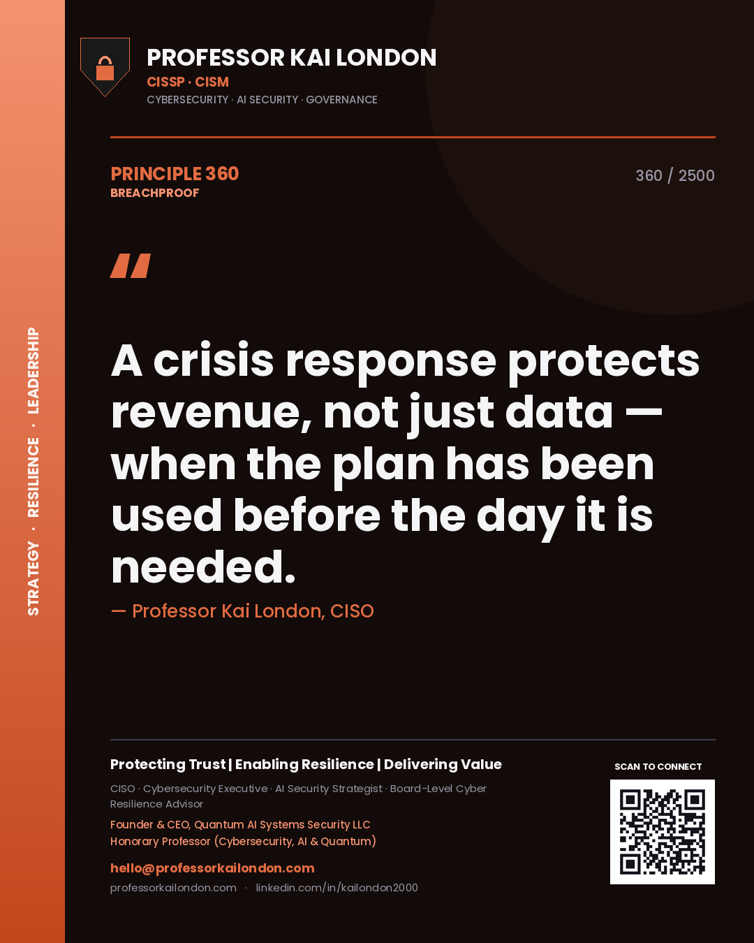 Professor Kai London principle 360: A crisis response protects revenue, not just data — when the plan has been used before the day it is needed.