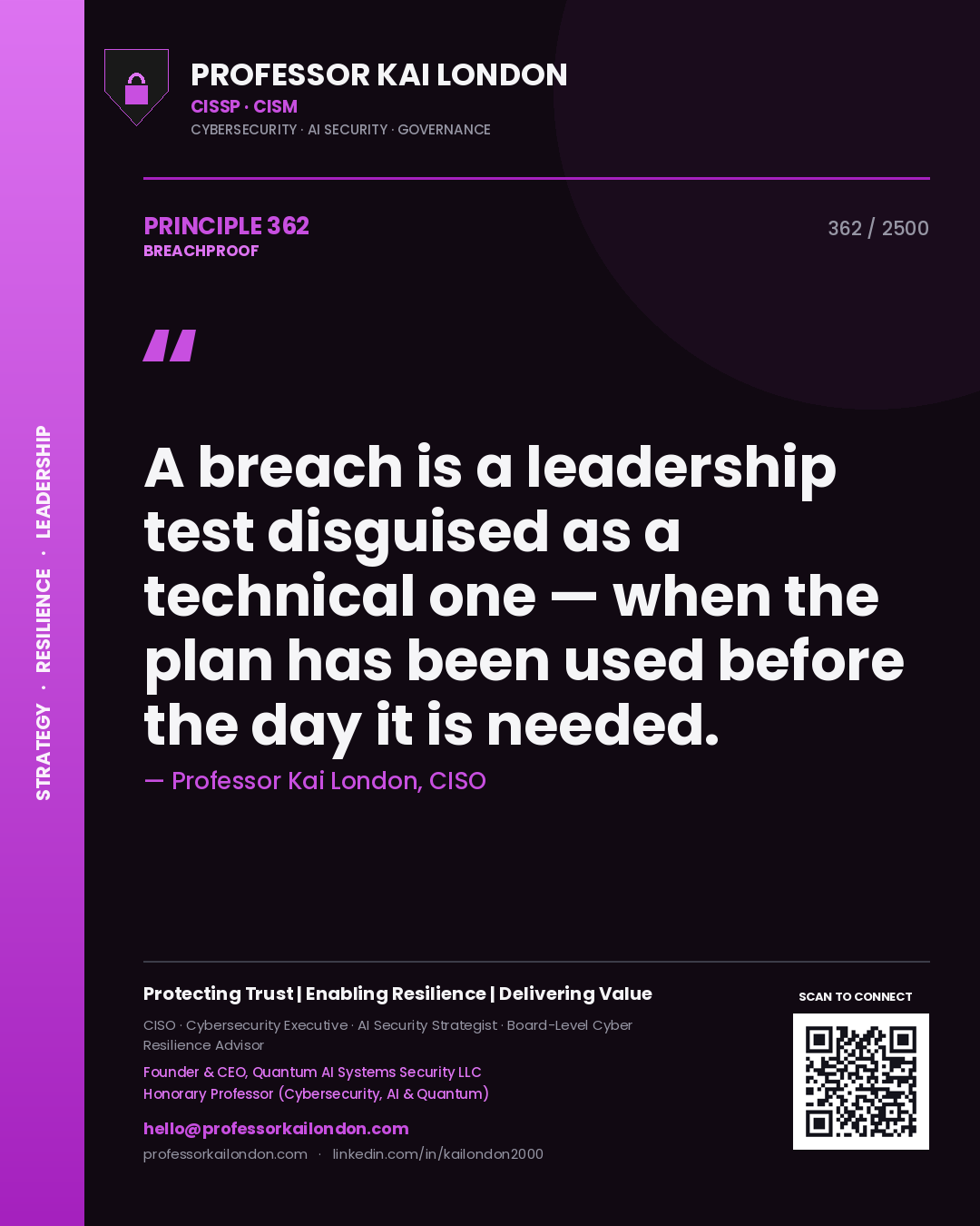 Quote card by Professor Kai London reading 'A breach is a leadership test disguised as a technical one — when the plan has been used before the day it is needed.'. From the book Breachproof.