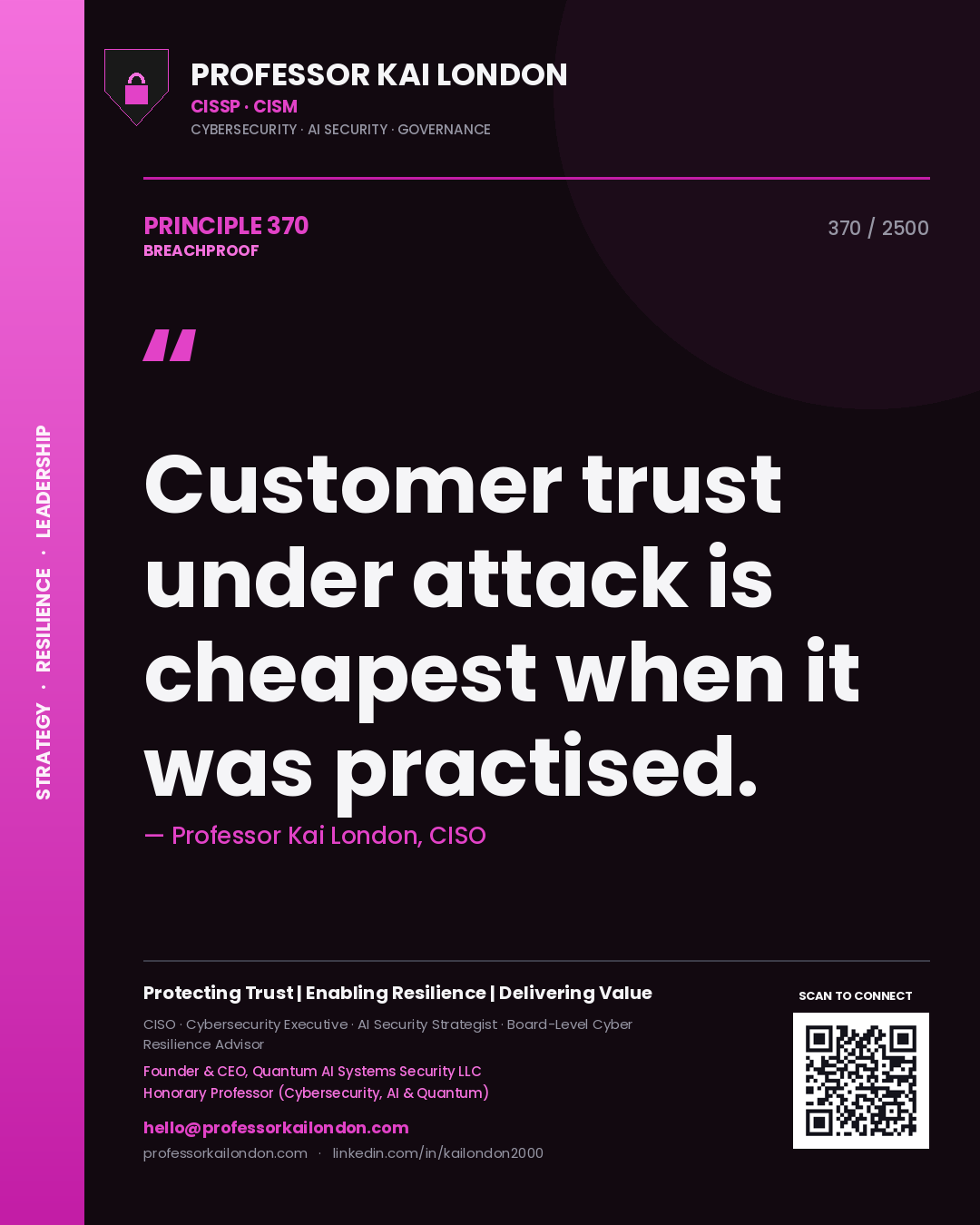 Quote card by Professor Kai London reading 'Customer trust under attack is cheapest when it was practised.'. From the book Breachproof.
