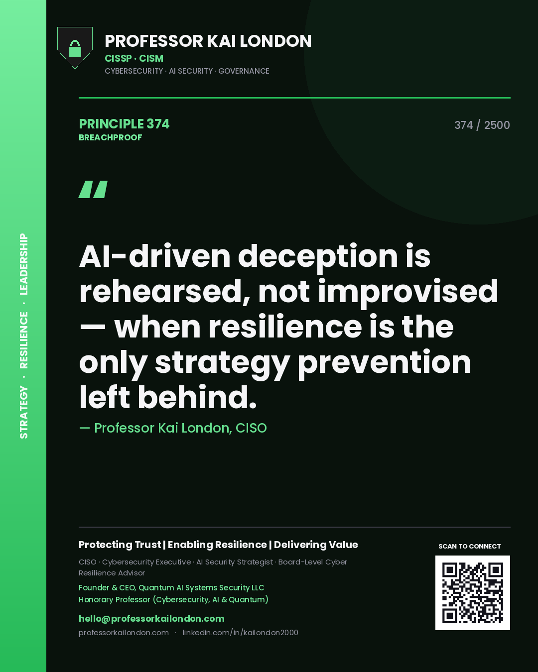 Quote card by Professor Kai London reading 'AI-driven deception is rehearsed, not improvised — when resilience is the only strategy prevention left behind.'. From the book Breachproof.
