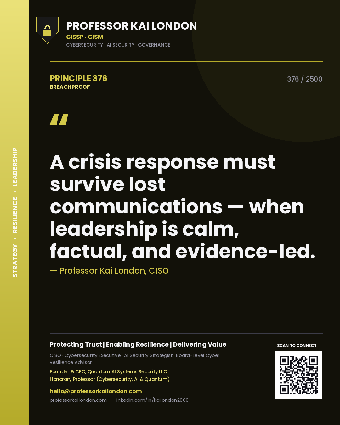 Quote card by Professor Kai London reading 'A crisis response must survive lost communications — when leadership is calm, factual, and evidence-led.'. From the book Breachproof.