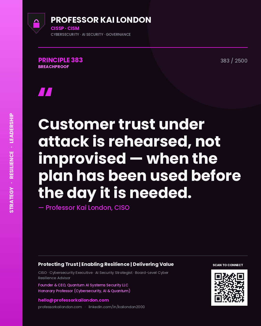 Quote card by Professor Kai London reading 'Customer trust under attack is rehearsed, not improvised — when the plan has been used before the day it is needed.'. From the book Breachproof.