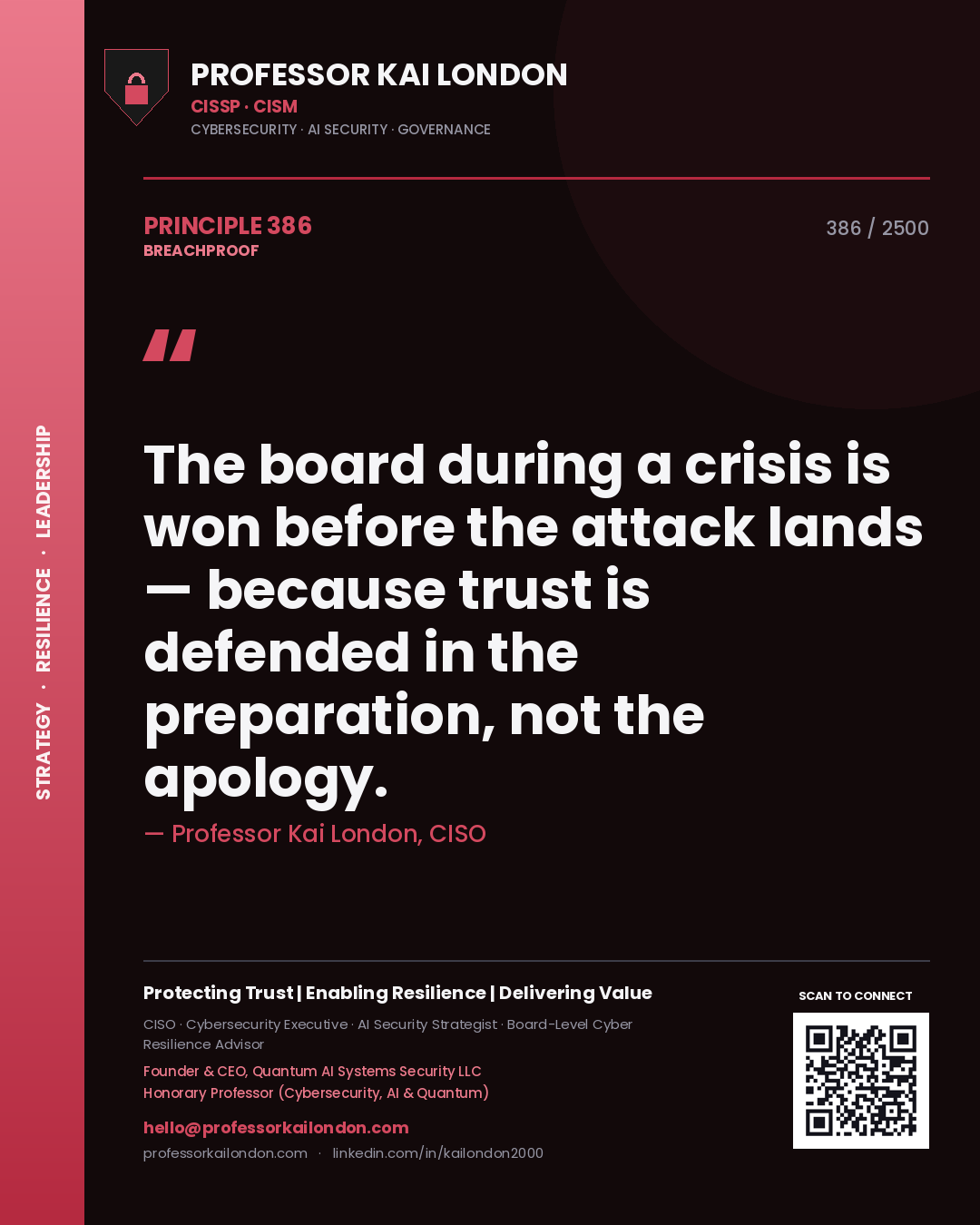 Quote card by Professor Kai London reading 'The board during a crisis is won before the attack lands — because trust is defended in the preparation, not the apology.'. From the book Breachproof.