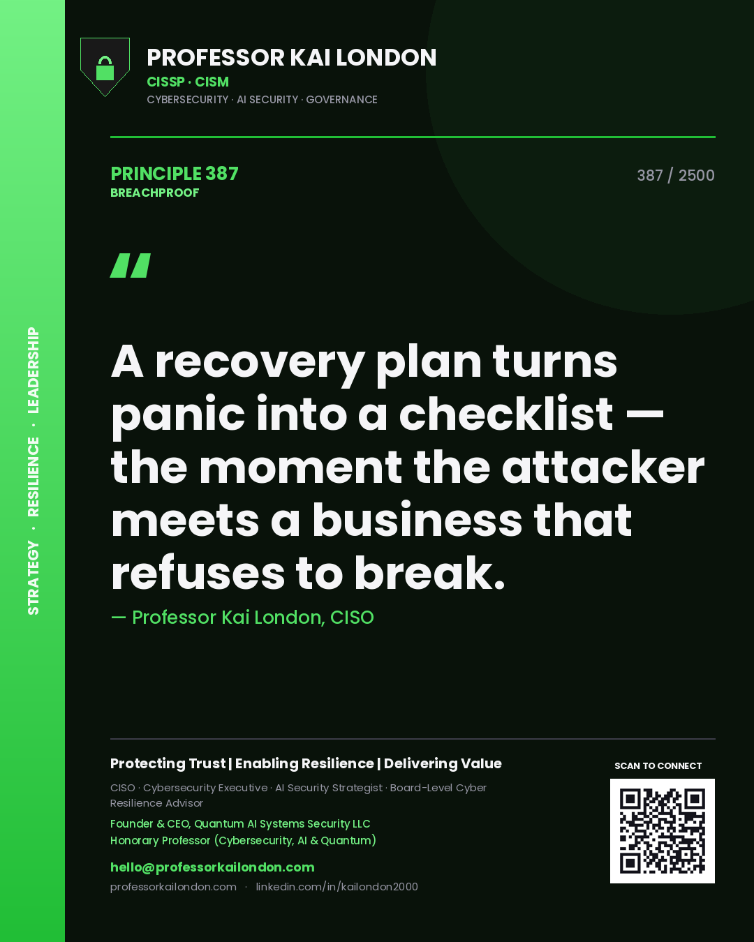 Quote card by Professor Kai London reading 'A recovery plan turns panic into a checklist — the moment the attacker meets a business that refuses to break.'. From the book Breachproof.