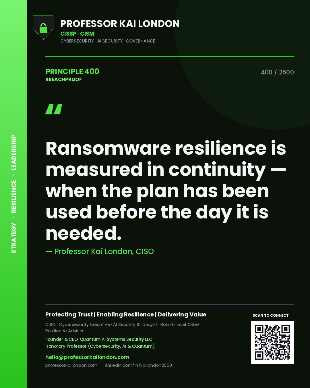 Professor Kai London principle 400: Ransomware resilience is measured in continuity — when the plan has been used before the day it is needed.