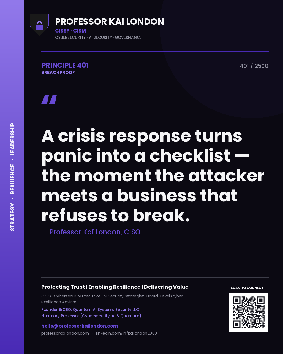 Quote card by Professor Kai London reading 'A crisis response turns panic into a checklist — the moment the attacker meets a business that refuses to break.'. From the book Breachproof.