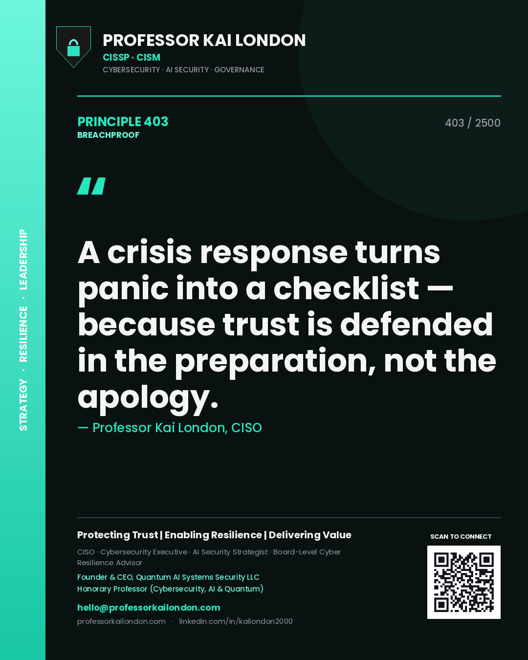 Professor Kai London principle 403: A crisis response turns panic into a checklist — because trust is defended in the preparation, not the apology.
