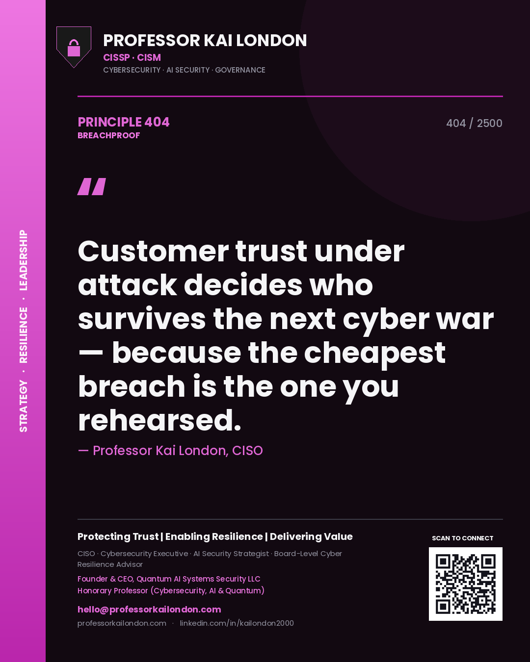 Quote card by Professor Kai London reading 'Customer trust under attack decides who survives the next cyber war — because the cheapest breach is the one you rehearsed.'. From the book Breachproof.