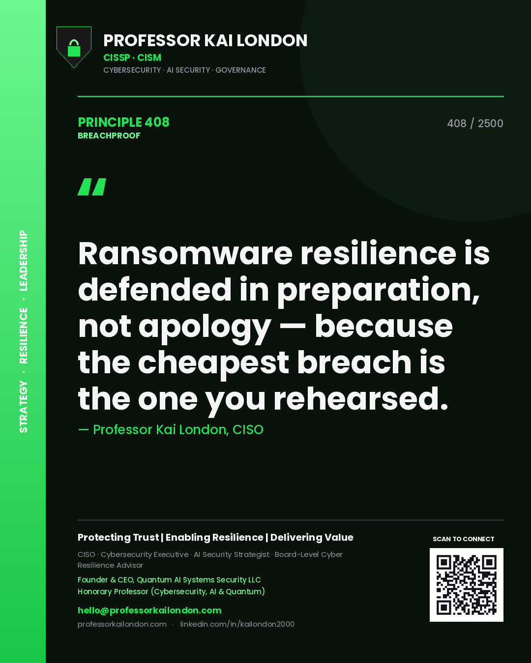 Quote card by Professor Kai London reading 'Ransomware resilience is defended in preparation, not apology — because the cheapest breach is the one you rehearsed.'. From the book Breachproof.