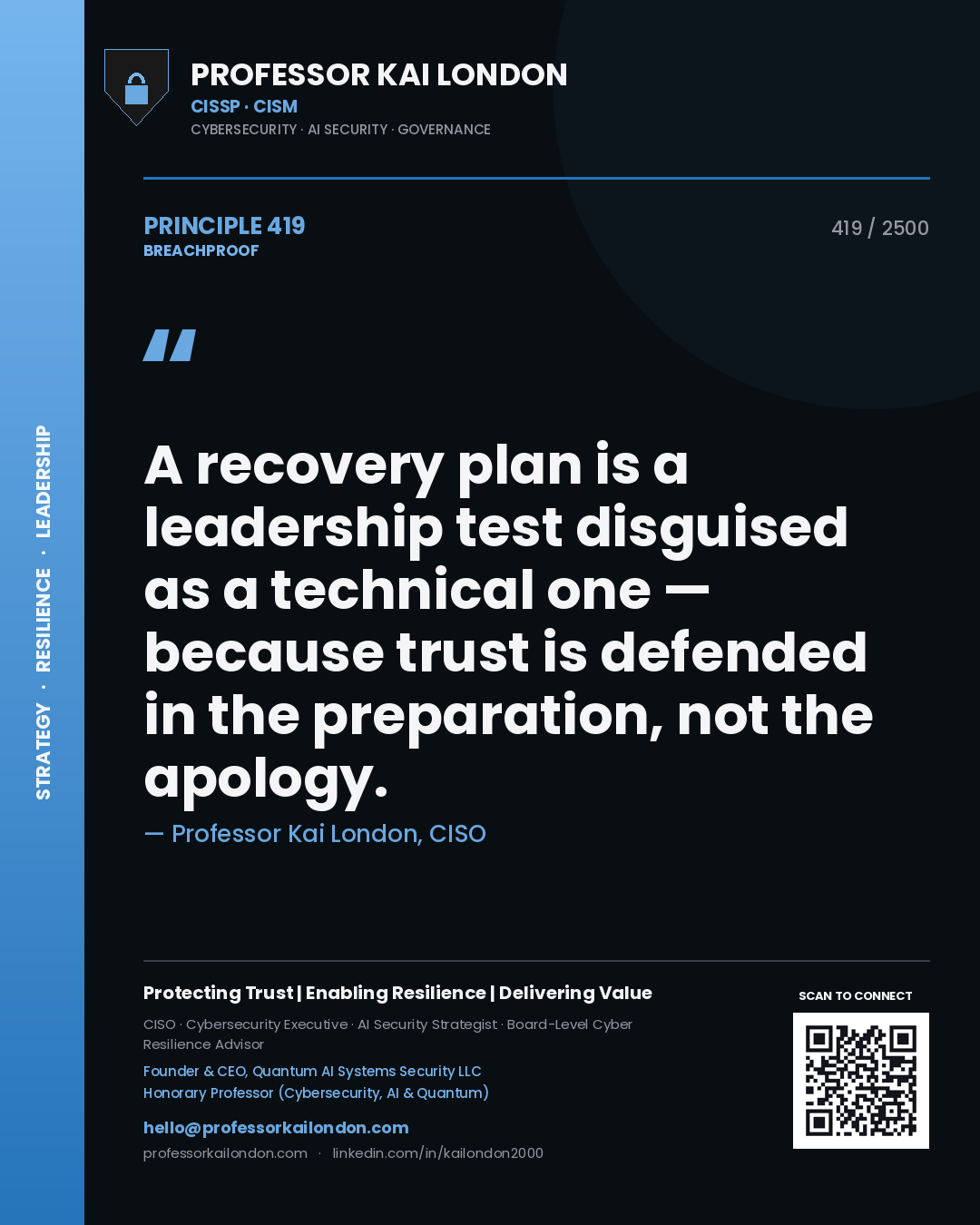 Quote card by Professor Kai London reading 'A recovery plan is a leadership test disguised as a technical one — because trust is defended in the preparation, not the apology.'. From the book Breachproof.