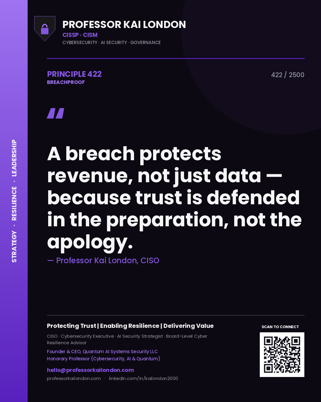 Quote card by Professor Kai London reading 'A breach protects revenue, not just data — because trust is defended in the preparation, not the apology.'. From the book Breachproof.