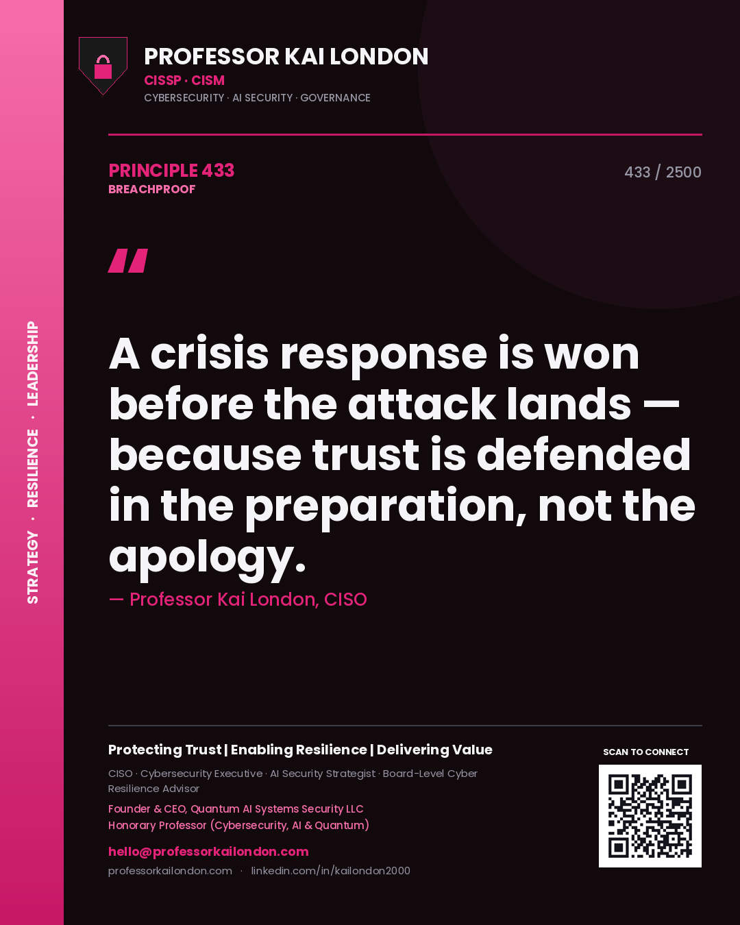 Professor Kai London principle 433: A crisis response is won before the attack lands — because trust is defended in the preparation, not the apology.