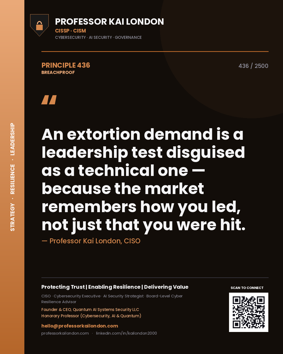 Quote card by Professor Kai London reading 'An extortion demand is a leadership test disguised as a technical one — because the market remembers how you led, not just that you were hit.'. From the book Breachproof.