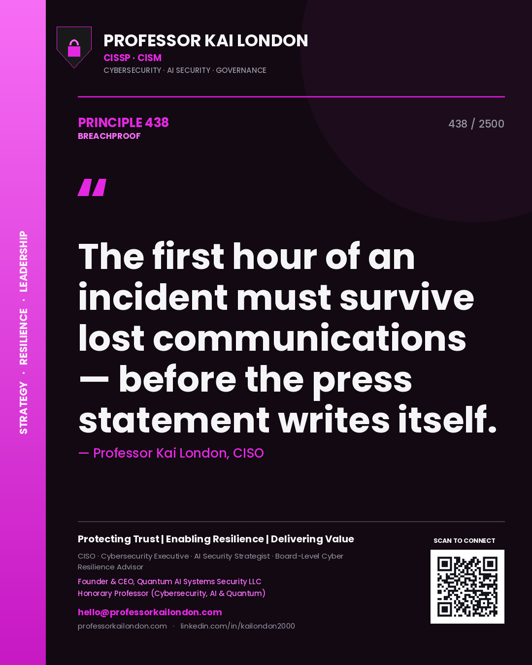 Quote card by Professor Kai London reading 'The first hour of an incident must survive lost communications — before the press statement writes itself.'. From the book Breachproof.