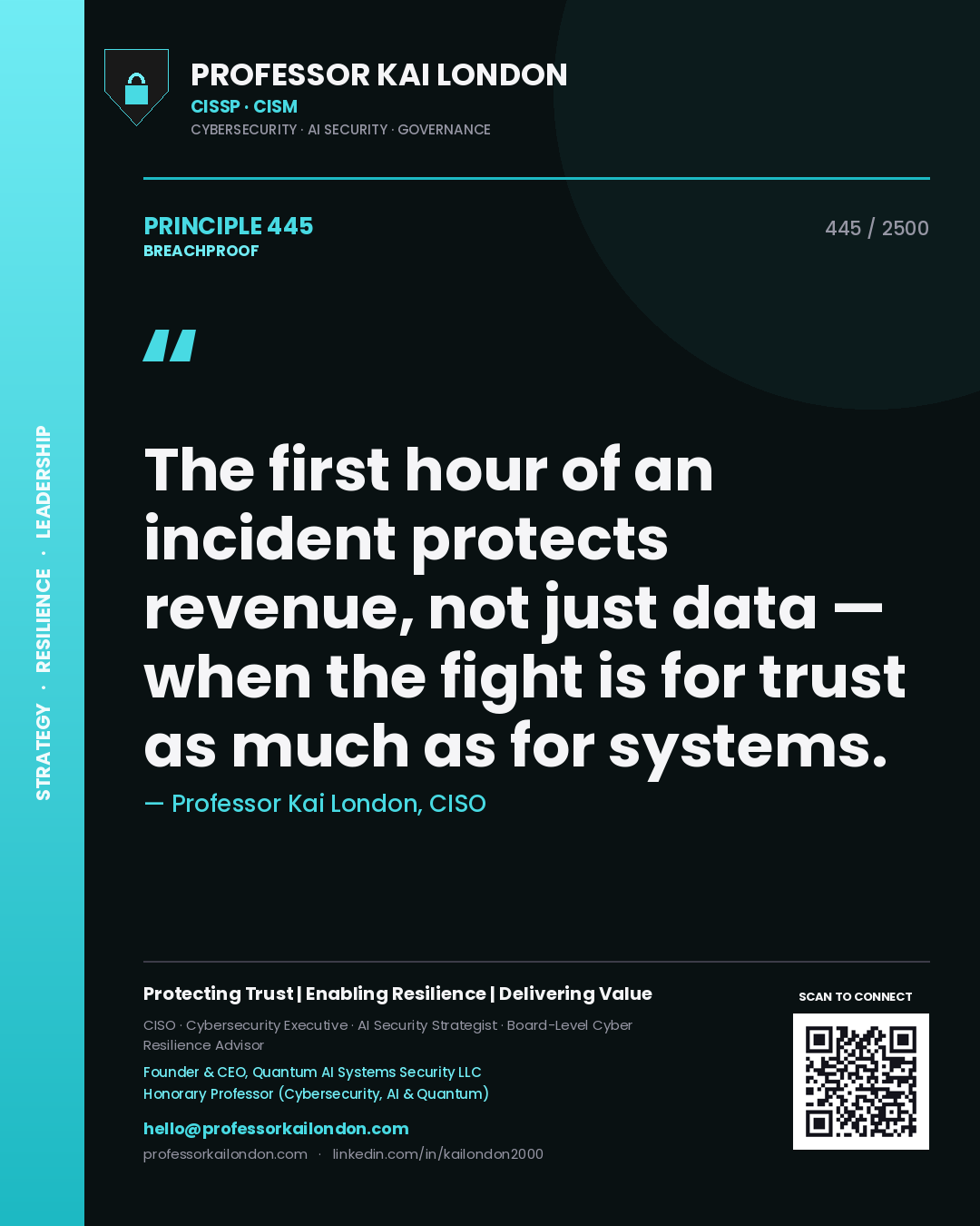 Quote card by Professor Kai London reading 'The first hour of an incident protects revenue, not just data — when the fight is for trust as much as for systems.'. From the book Breachproof.