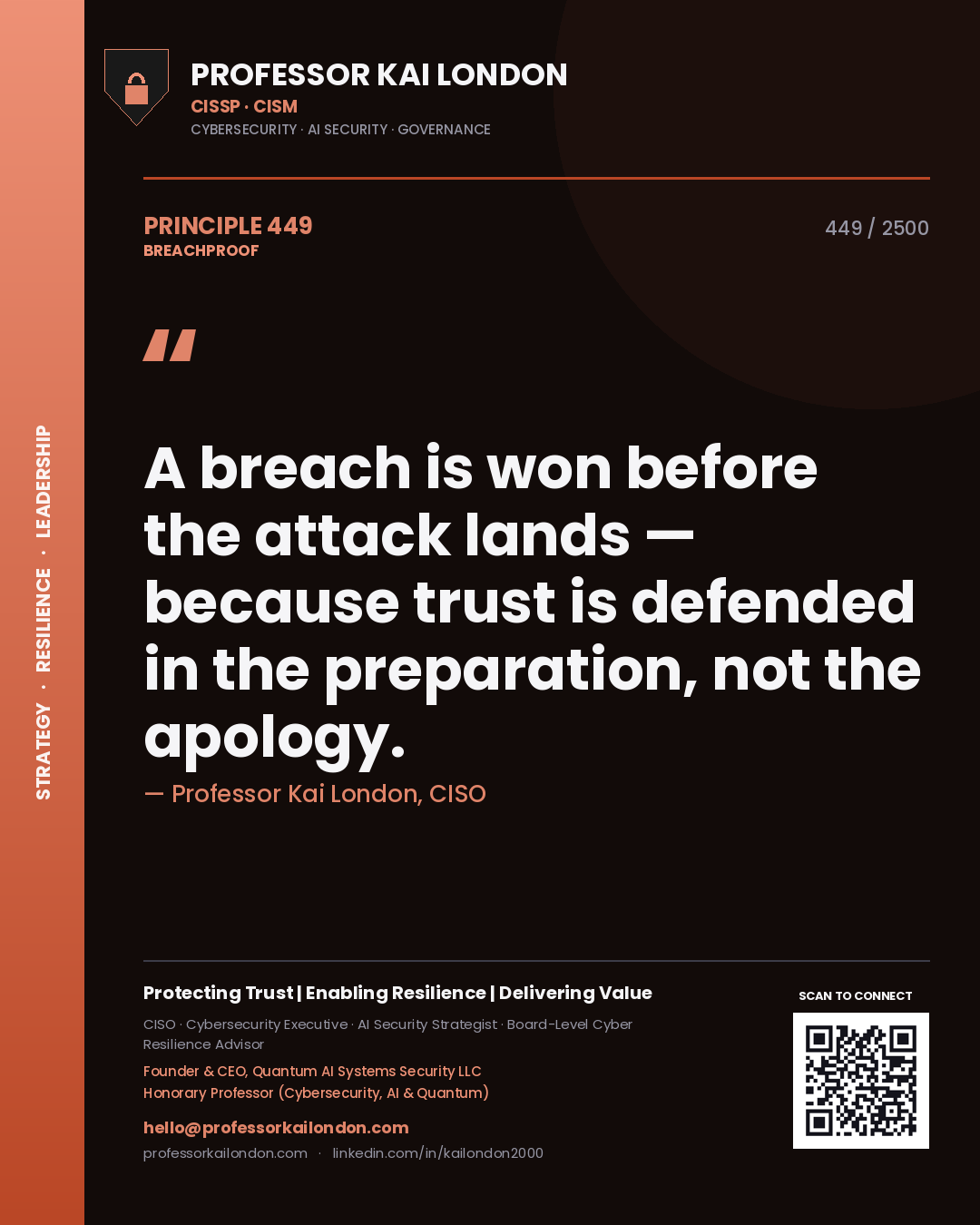 Professor Kai London principle 449: A breach is won before the attack lands — because trust is defended in the preparation, not the apology.