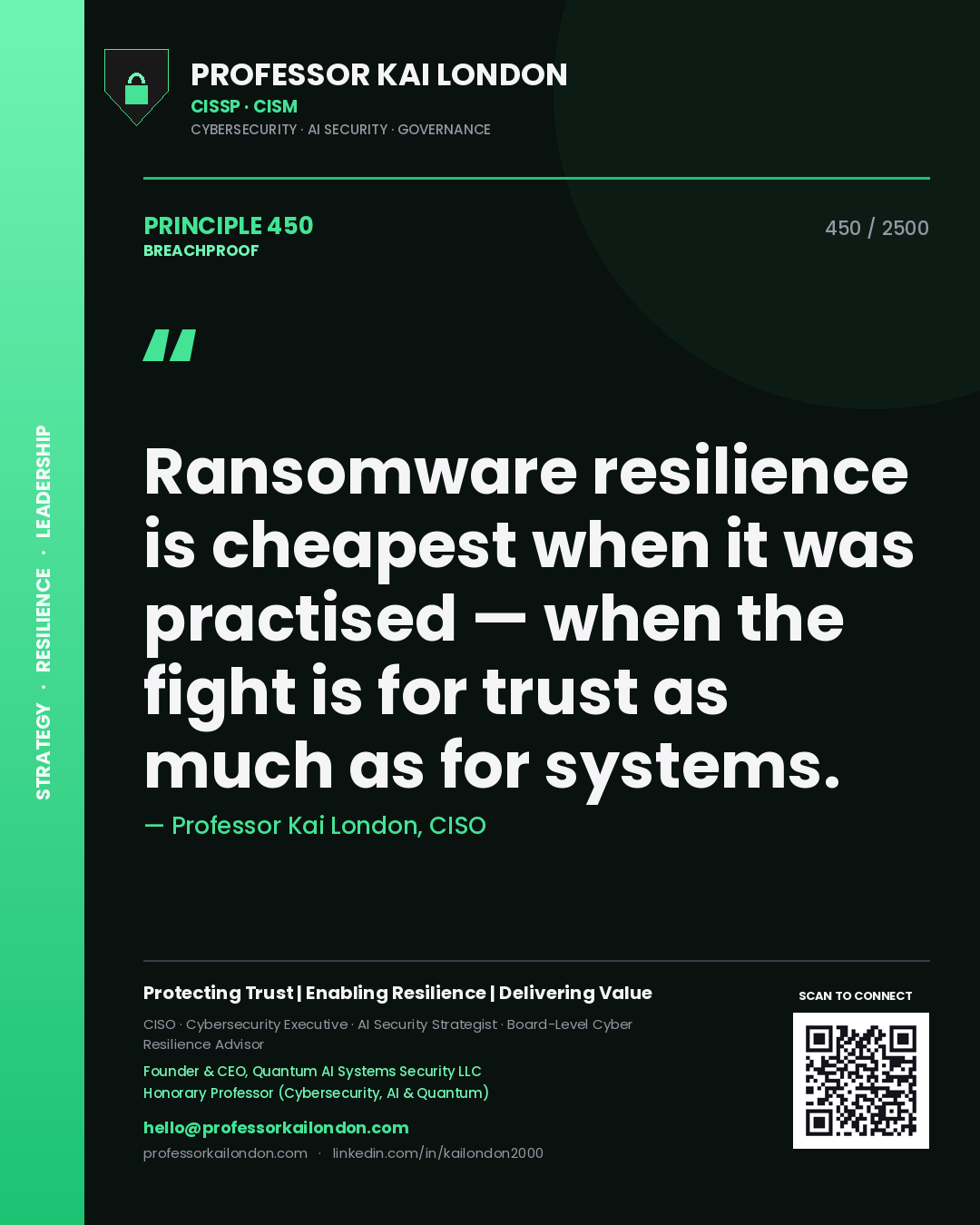 Professor Kai London principle 450: Ransomware resilience is cheapest when it was practised — when the fight is for trust as much as for systems.