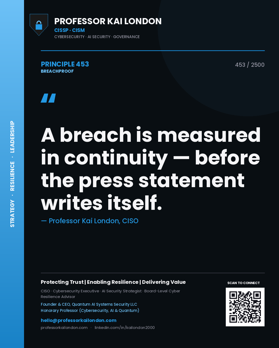 Quote card by Professor Kai London reading 'A breach is measured in continuity — before the press statement writes itself.'. From the book Breachproof.